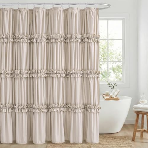 Seasonwood Beige Shower Curtain Elegant Ruffle Shower Curtain with Ruched & Bow Vintage Farmhouse Shower Curtains for Bathroom Boho Bathroom Decor(Beige 72x72 Inches)