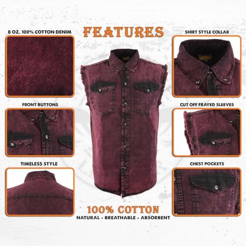 Image of Milwaukee Leather DM4009 Men's Sand Lightweight Denim Shirt with with Frayed Cut Off Sleeveless Look