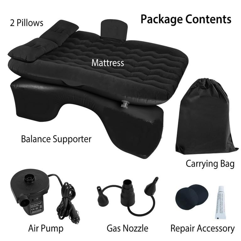 Image of SELECTRA Premium Car Inflatable Bed with Pump & 2 Air Pillows | Quick Inflate Back Seat Mattress | Universal Fit Car Bed for Travel, Camping, Kids, Picnic & Road Trips | (Black)