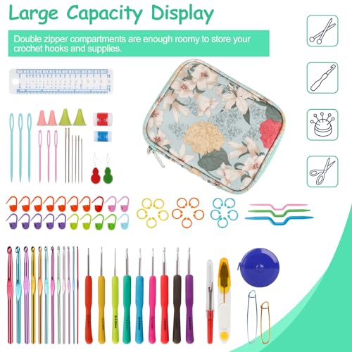 Image of Katech Crochet Hook Case - Empty Zipper Bags Organizer with Web Pocket and Holder Slots for Carrying Various Accessories (Light Blue)