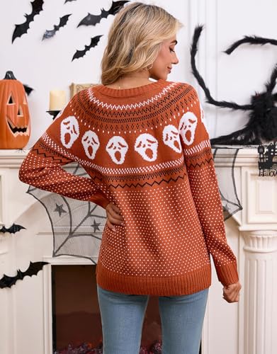 Image of Women's Fair Isle Sweaters Long Sleeve Crew Neck Loose Casual Halloween Pullover Sweater Deep Orange Small