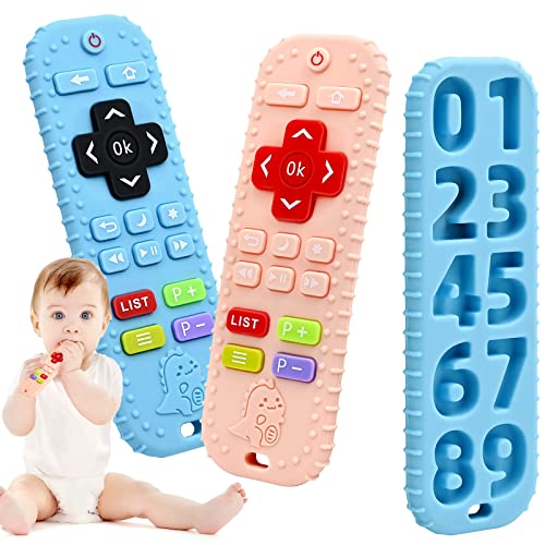 Image of Teething Relief Teethers Toys for Babies 3 6 9 12 Months Gifts, Silicone Remote Control Baby Teething Toys for Newborn Infant Boy Girl Autism, Food Grade Silicone Sensory Bath Toys, Blue&Pink