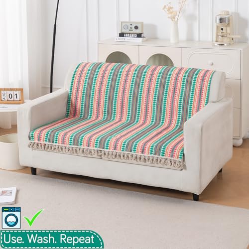 Image of HOKIPO 'Artisan Boho Series' Sofa Cover with Tassel | 450 GSM Cotton Acrylic Jacquard Sofa Cover for 2 Seater Sofa, Size 152x120 cm, Mint Green (IN-908-A7)