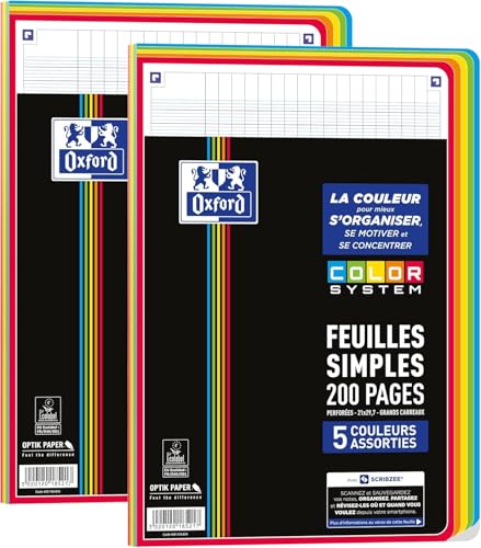 Feuilles Simples COLOR SYSTEM, Lot de 2 Pack de Feuille Simple, 200 Feuilles, A4 Perforées, Grand Carreaux Seyès, 5 Couleurs de Cadres Assorties Sous Film