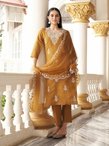 Womanista Women's Mustard Colour White Cording Embroidered Kurta And Pants With Dupatta (Kurtaset_1310_Xxl)