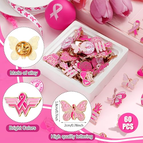 Image of Landical 60 Pcs All Cancer Awareness Pins Bulk Breast Cancer Awareness Lapel Pins Pink Multicolor Ribbon Items Supplies for Hats Backpacks Clothing Women Gifts