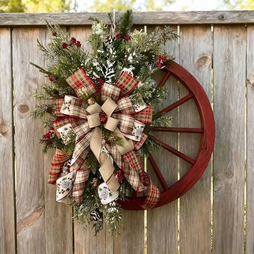 Christmas Large Wooden Wagon Wheel Wreath, Hanging Ornament Wreath, Farmhouse