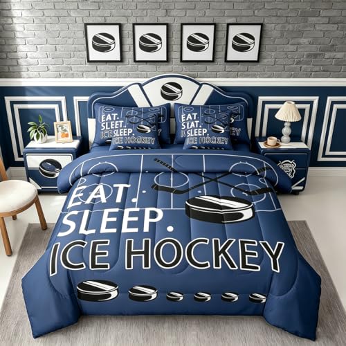 Feelyou Ice Hockey 7 Piece Bedding Set Twin Size Kids Boys Navy Blue Comforter Set with Sheets for Teens Toddler Ball Games Bed in a Bag Puck Hockey Bed Set