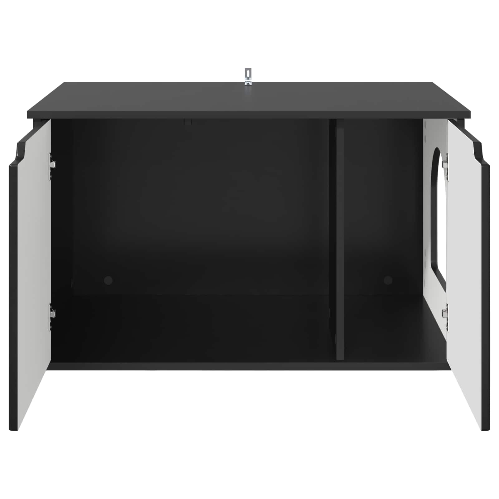 Domek dla kotów, czarny, 85 x 55 x 50,5 cm, wykonany z materiału drewnopochodnego, z zestawem montażowym do użytku w pomieszczeniach, miejscem do schronienia i placem zabaw dla kotów