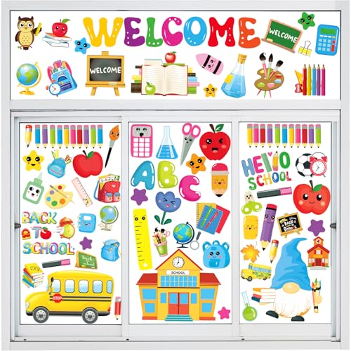 Back to School Window Clings Stickers 90PCS First Day of School Bus Pencil Double-Sided Window Decals for Welcome Back to School Decorations