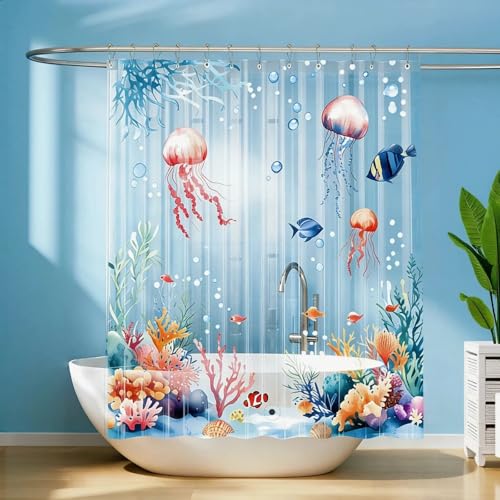 Clear Plastic Jellyfish Shower Curtain Liner Cute Ocean Nautical Coastal Beach Theme Kids Bathroom Shower Curtain 72x72 Cool Vinyl Decorative Weighted Shower Curtain Liner with Magnets and Hooks
