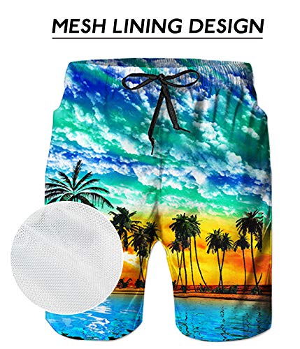 Mens Funny Swimming Trunks 3D Graphic Blue Hawaiian Palm Tree Board Shorts Long Beachwear Quick Dry Brazilian 80s Retro Basic Watershorts Summer Holiday Bathing Suits Hawaii Tropical Clothing