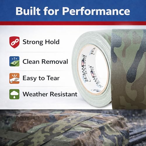 Image of Gaffer Power Muted Army Green Camo Gaffer Tape - Professional Grade, Made in USA, Non-Reflective Matte Cloth Tape, Heavy Duty, Easy Tear, Residue-Free - 2 Inch x 25 Yards