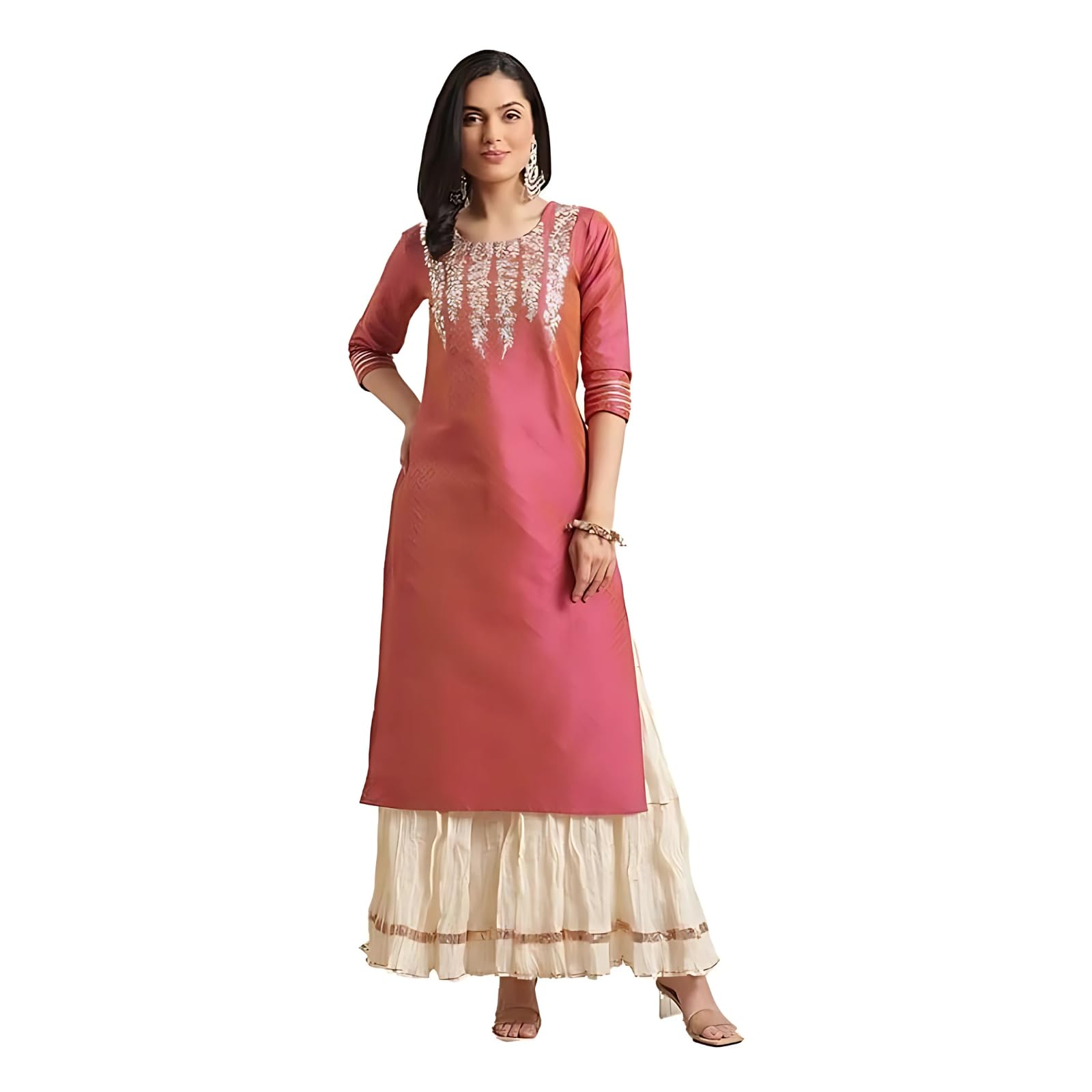 Varanga Women Coral Dual Tone Floral Gota Patti Embroidered Jacquard Kurta