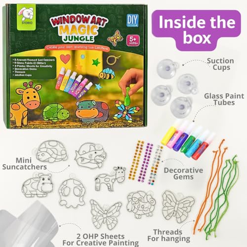 Image of Storio Window Art Magic Jungle Set | DIY Animals Sun Catcher Kit with Glass Paints & Decorative Gems | Art and Craft Kit