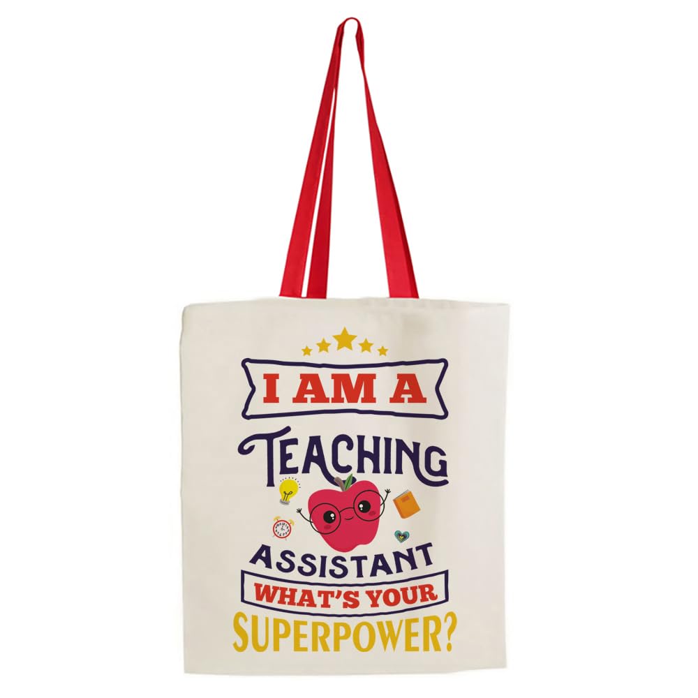 Getagift I Am a Teaching Assistant Whats Your Superpower?, Best Teacher Gift, Reusable Bag, Shopping Bag, Tote Bag. (Red Handle)