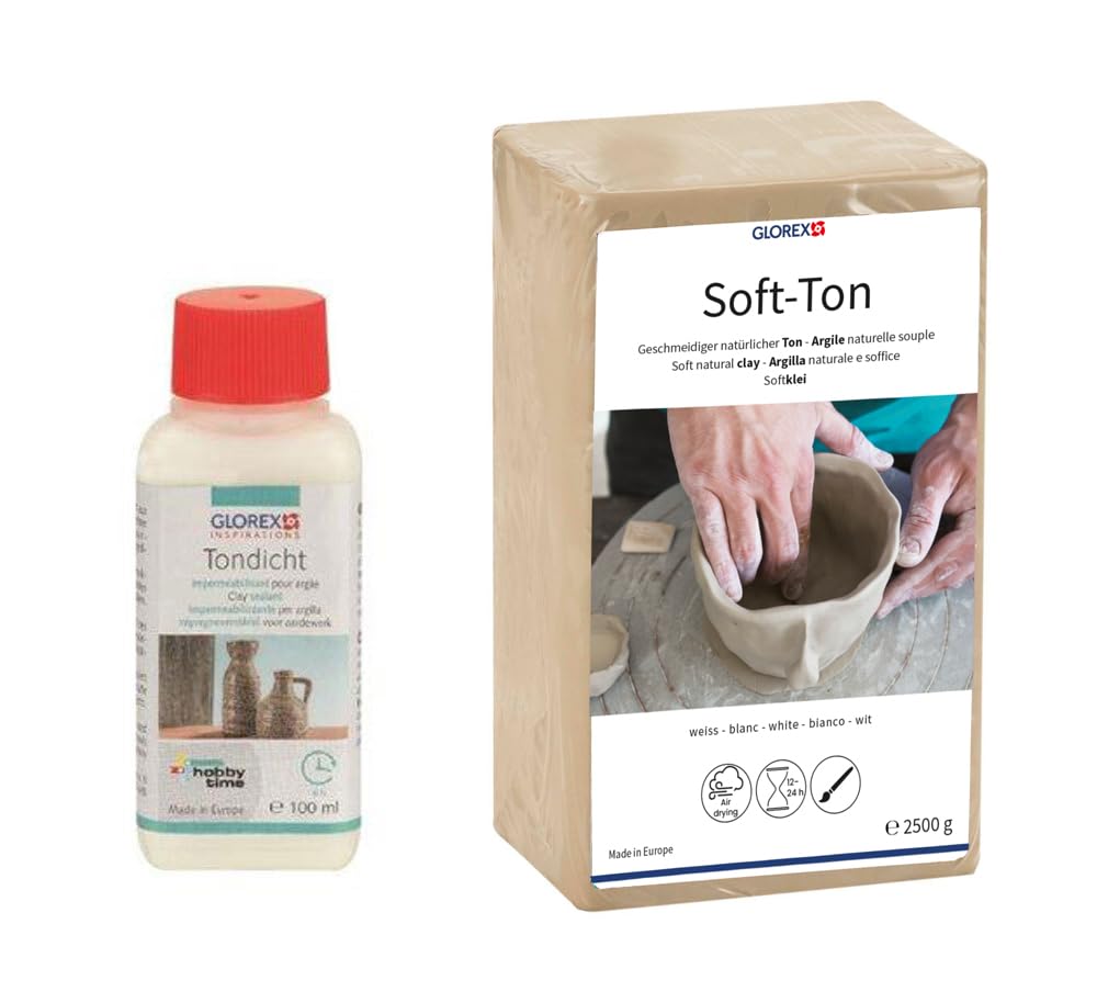 GLOREX 6 8075 300 K – Set for Creatives: Soft Clay 2500 g in White, Air-Hardening or Flammable and 100 ml Clay Seal for Sealing
