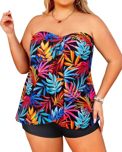 Image of Daci Plus Size Bandeau Tankini Swimsuit for Women 2 Piece Halter Swim Top with Shorts Tummy Control Bathing Suits