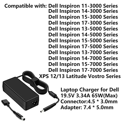 WHSTELENI Laptop Netzteil Ladekabel Ladegerät für Dell 19.5V 3.34A 65W Inspiron 11 13 14 15 17 3000 5000 7000 XPS 11 12 13 Latitude Vostro Series Notebook AC Adapter