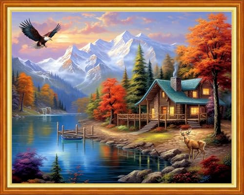 Image of Foxdiviy Stamped Cross Stitch Kits for Beginners Full Range of Cross Stitching 11 CT Printed Cross Stitch Kits for Adults Cross Stitch Patterns Needlepoint Kits-Lakeside Scenery 16x20 inch
