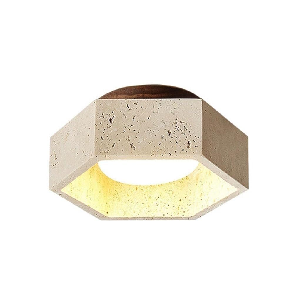 LUOYAOB Japanese Retro Hexagonal 6.7in Ceiling Lights Travertine Body Semi Flush Mount Ceiling Lamps Solid Wood Base Three-Color Mode Ceiling Light Fixture for Bedroom