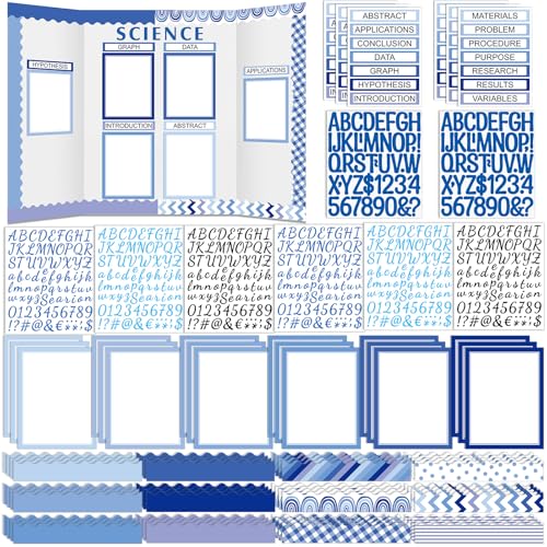 Skyygemm 92 Pcs Science Fair Board Supplies 60 Trim Scalloped Poster Boards 18 Presentation Subtitles 6 Self Adhesive Project Titles 8 Letter Sticker for Classroom Display(Blue Boho)