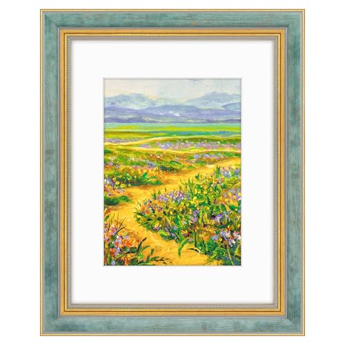 Image of Golden State Art,8.5x11 Ornate Picture Frame Holds 6x8 Photo,Blue Gold | Includes plexiglass front,white mat,easel stand,build-in hangers and buttons.Displays 6x8 photo on wall or tabletop