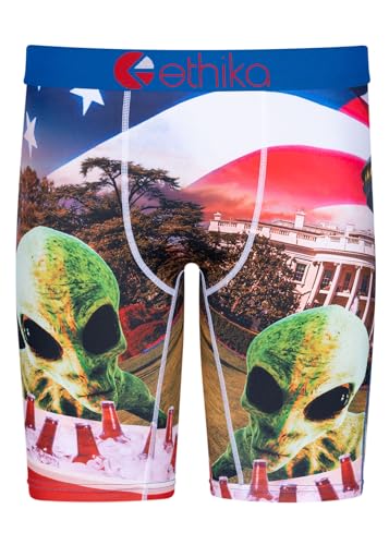 Ethika Men’s Boxer Brief, Knee Length, 4-Way Stretch Performance Underwear with Graphic Prints – Independence Day (AST, L)