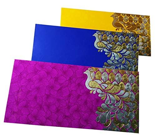 PARTH IMPEX Shagun Gift Envelope for Cash (Pack of 50) 7.5" x 3.5" Peacock Feather Gold Silver Foil Stamping Assorted Color Money Holder Card for Christmas Diwali Birthday Wedding Graduation