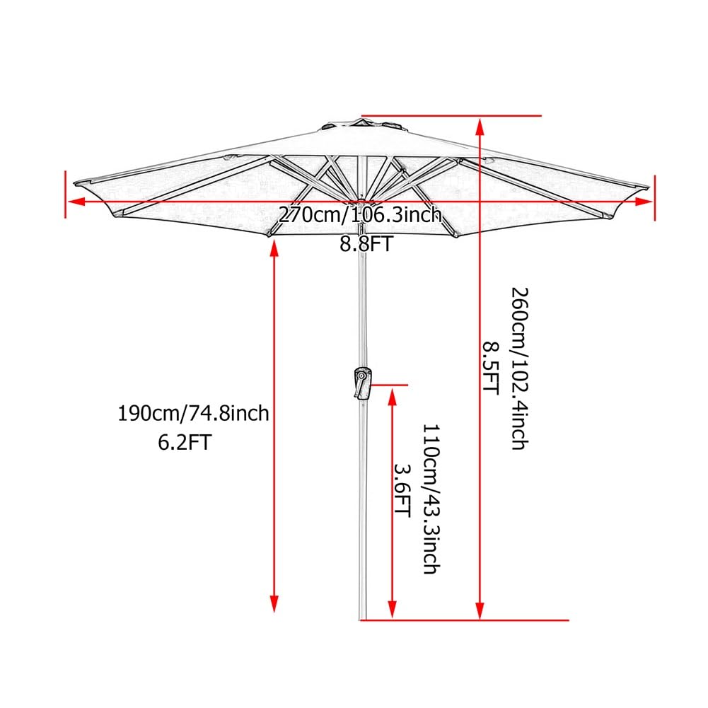 Parasole Ogrodowe 270cm Parasol Ogrodowy z Uchylny i Korbą, 8 Żeber, do Ogrodu, Trawnika, Tarasu, Podwórka i Basenu(Brown)