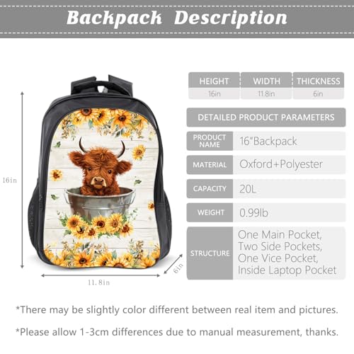 Highland Cow Backpack Sunflower Kids Bookbag 16inch Schoolbag With Lunch Box Bag And Pencil Case Set For Boys Girls2