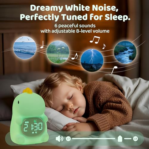 Image of Dinosaurs Alarm Clock with Night Light for Kids with Sleep Training and Sound Machine, Rechargeable Silicone Lamp OK to Wake Clock,Cute Animal Tabletop Lamp, Perfect Sleep Companion for Boys Girls