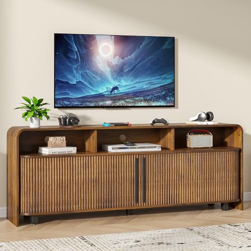 Fluted TV Stand for 75 65 80 Inch TV, Long Mid Century Modern Entertainment Center with Storage, Wood Media Console Cabinet with Sliding Doors, Adjustable Shelves, for Living Room, Walnut