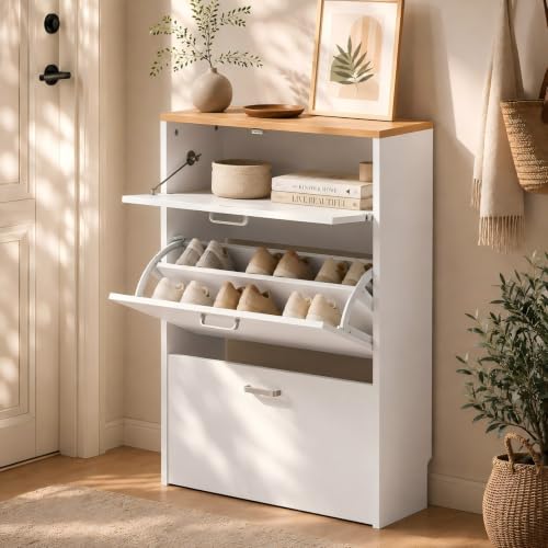 VINGLI Shoe Cabinet Storage for Entryway,White Small Narrow Shoe Rack,25' W