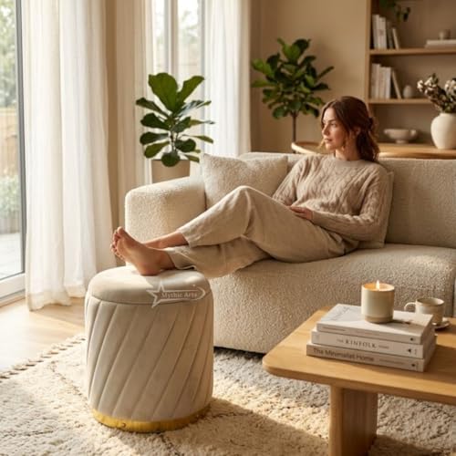 Image of Mythic ArtsRound Upholstered Sitting Stool & Footrest Velvet Storage Ottoman Pouffe13 X 13X 16 inch | Versatile Puffy for Living Room, Bedroom, and Office ? Chic Home Furnishings & Dcor Grey