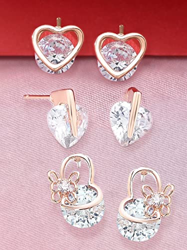 Image of Zaveri Pearls Set of 3 Rose Gold Contemporary Stud Earrings For Women-ZPFK12827