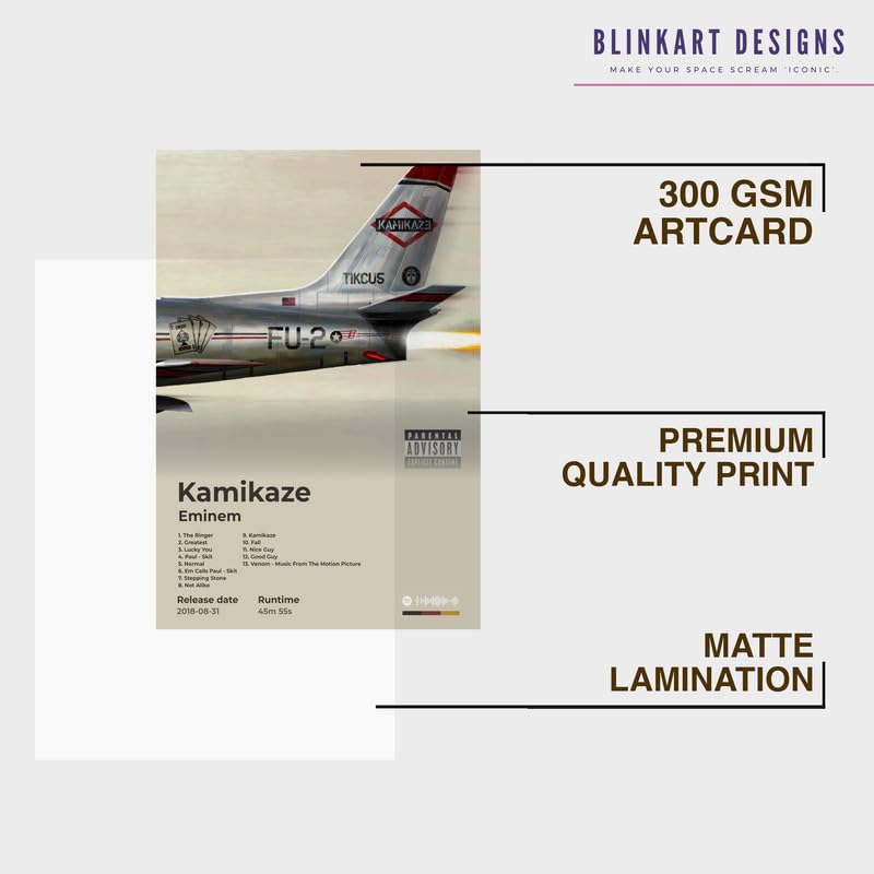 Image of BLINKART Eminem- Kamikaze Wall Photo Frames | Wall Art for Bedroom, Living Room, Studio or Office | Album Cover Print with Spotify Song Link QR Code | Gift for Fans - 8x12 In