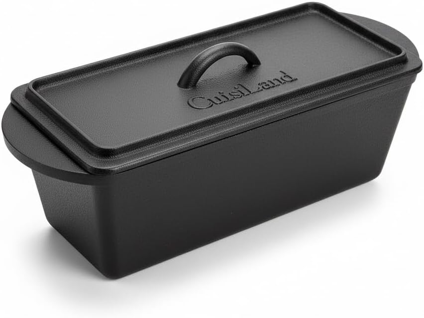 Cuisiland Rectangular Cast Iron Bread Loaf Pan, Heavy Duty 11x4.75x4,25" (14" L/Handles) with Lid (BLP137U)