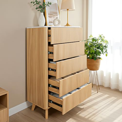 Image of Airynee Fluted 5 Drawers Dresser for Bedroom, 47 inch Tall Handleless Chest of Drawers with Faux Marble Top, Curved Profile Design, Wood Drawer Organizerfor forLiving Room, Hallway, Entryway, Natural Oak