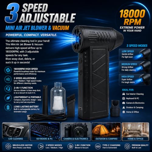 Image of 2-in-1 Compressed Air Duster & Vacuum Cleaner, 18000RPM Electric Air Blower,3 Speed Adjustable Brushless Motor, 4000mAh Rechargeable for Computer, Laptop, Keyboard, Car & Home Cleaning