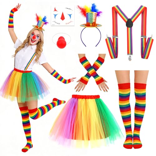 Beipegin 7pcs Clown Costume with Rainbow Tutu Clown Nose Face Stickers Feather Headband and Rainbow Socks Gloves Suspenders
