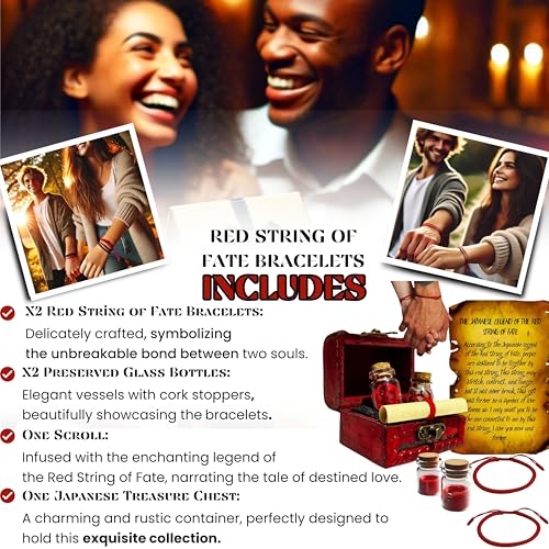 Red string of fate bracelet for couples. Sweet romance. 2 Bracelets inside 2 preserved glass jars with legend of the red thread of love inside an antique treasure chest2