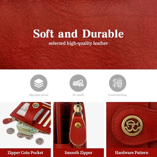 Image of Leather Wallet Women,RFID Blocking Small Wallet for Women Bifold Compact Slim Wallet Card Holder With Zipper Coin Pocket(Red)