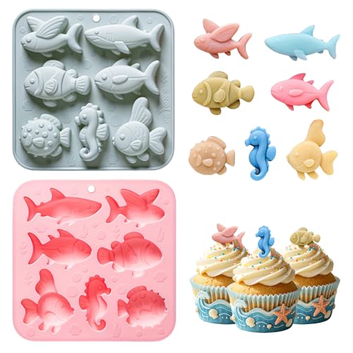 2pcs Marine Themed Silicone Chocolate Mold Marine Fish Sea Animal Candy Molds Shark Seahorse Clownfish Silicone Molds For Beach Ocean Themed Cake Decor