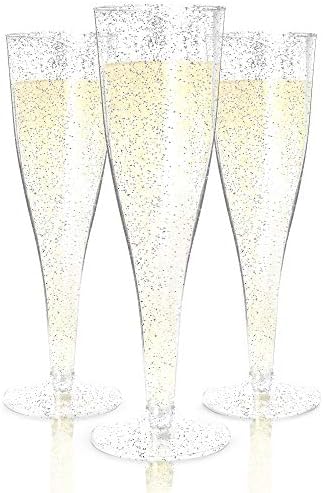 Prestee 100 Champagne Flutes Plastic | Disposable Champagne Flute | Silver Glitter Plastic Champagne Glasses Disposable | Mimosa Bar, Wedding, & Shower Party Supplies | Plastic Party Glasses (Silver)