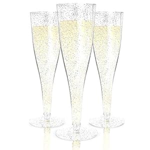 Prestee Plastic Champagne Flutes Disposable – 100 pack – Silver Glitter Plastic Champagne Glasses Disposable – Mimosa Bar, Wedding, & Shower Party Supplies – Plastic Party Glasses (Silver)