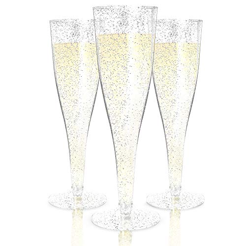 Prestee Plastic Champagne Flutes Disposable – 100 pack – Silver Glitter Plastic Champagne Glasses Disposable – Mimosa Bar, Wedding, & Shower Party Supplies – Plastic Party Glasses (Silver)