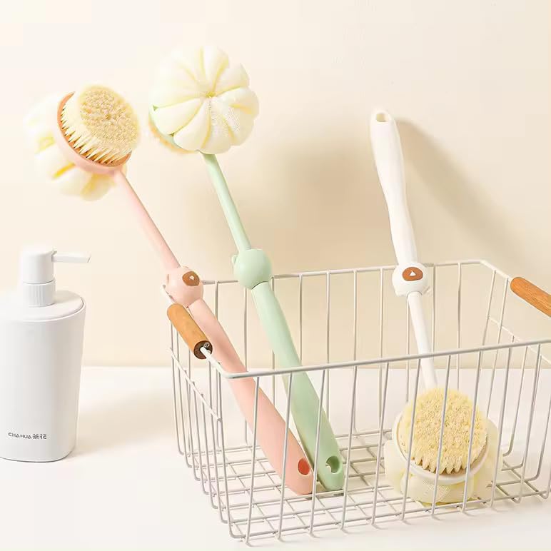 Image of Shower Body Brush with Bristles and Loofah, Back Scrubber Mesh Sponge with Curved Long Handle for Skin Exfoliating Bath, Massage Bristles Suitable for Men and Women