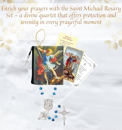 Saint Michael Rosary - Laminated Holy Card, Rosary Pouch, The Lord's Prayer - Blue Glass San Miguel Arcangel Beads, Catholic Cards Set - 4 Items2