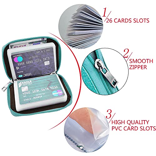 Image of Easyoulife Genuine Leather Credit Card Holder Zipper Wallet With 26 Card Slots, Glitter Teal, Medium, Rfid Wallet